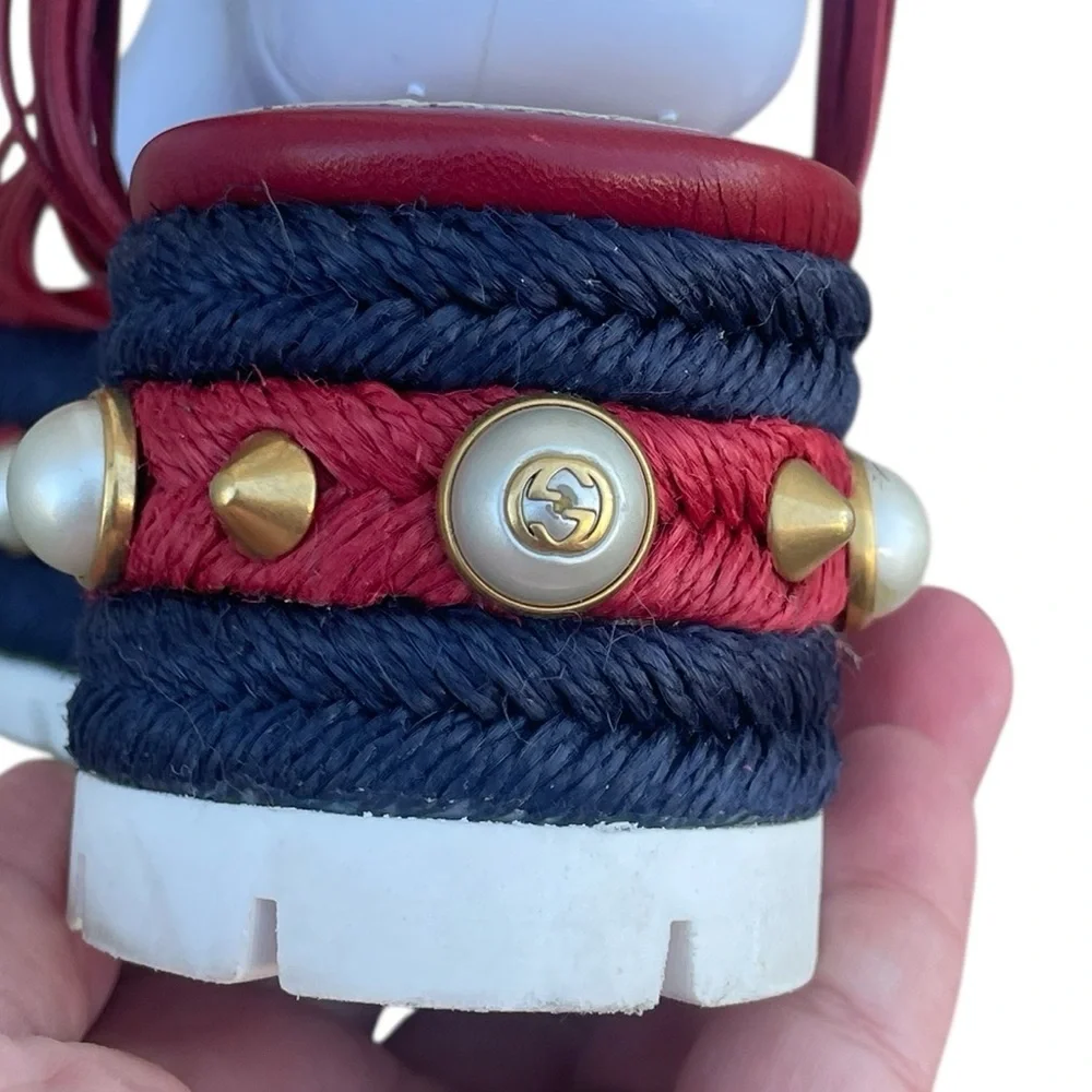 Gucci Red Leather Barbette Knot, Ankle‎ Strap Espadrille Platform Sandals, 41.5